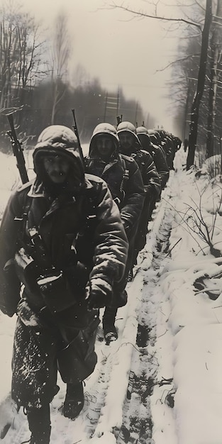 A group of soldiers walking through the snow in a forest during the Korean War