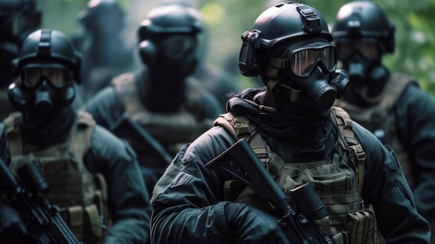 Group of soldiers wearing gas masks and protective gear are walking through forest Generative AI