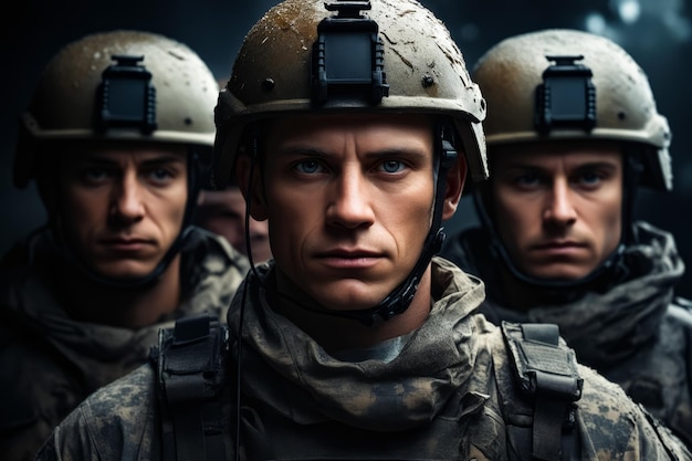 Group of soldiers wearing helmets and uniforms in row Generative AI