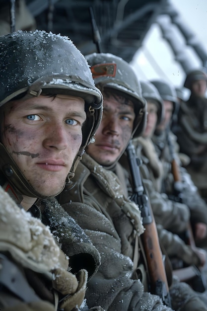 Photo a group of soldiers in winter gear are sitting in a snowy trench