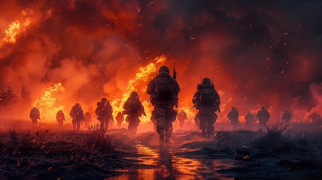 a group of soldiers with fire in the background