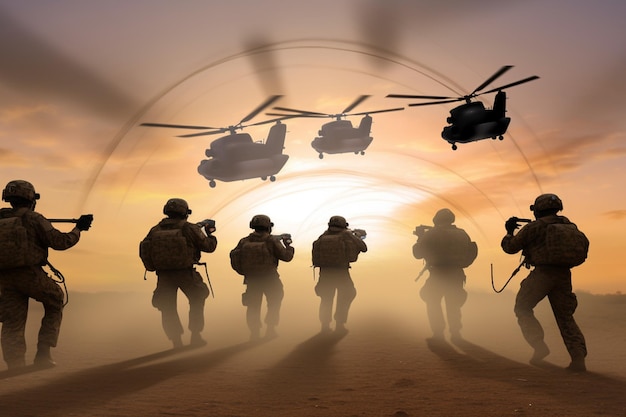 A group of soldiers with a helicopter flying in the sky.