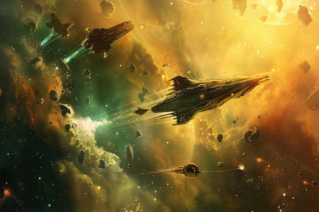 a group of spaceships flying in space