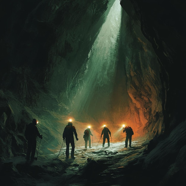 a group of spelunkers exploring a deep cave system with headlamps lighting the way2