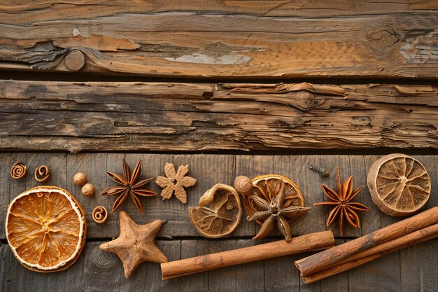 Photo a group of spices and orange slices on a wood surface