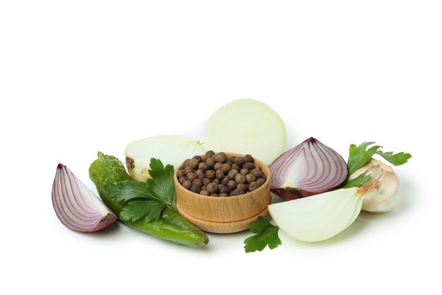 Group of spicy vegetables isolated on white background