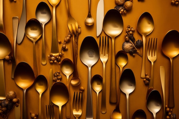 a group of spoons and forks on an orange background