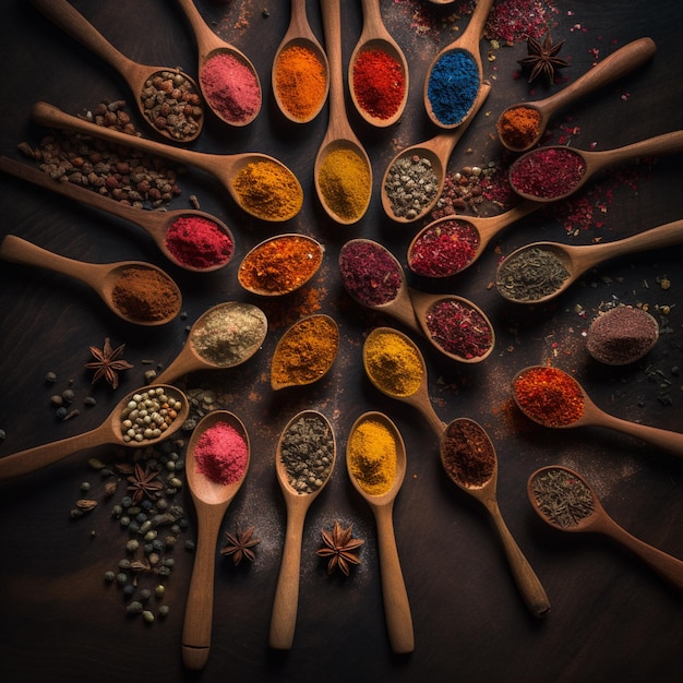 A group of spoons with different spices on them and one of them has a large tree in the middle.