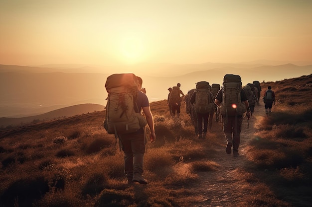 A group of sporty hikers are captured walking through a mountainous landscape at sunset with their backpacks Generative AI