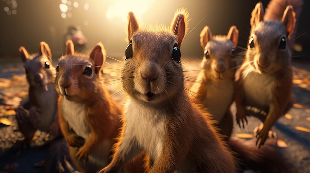 A group of squirrels are looking at the camera.