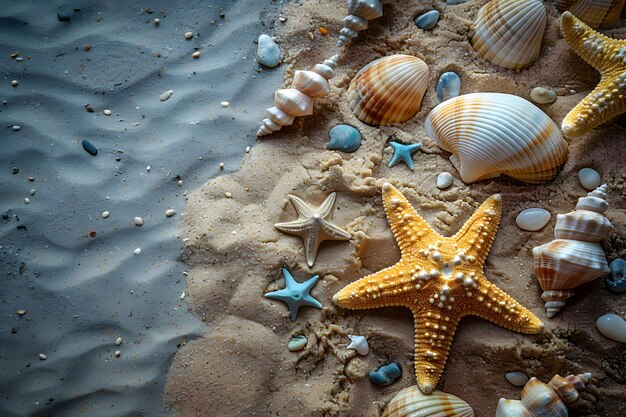 Group of Starfish and Seashells on Sandy Beach