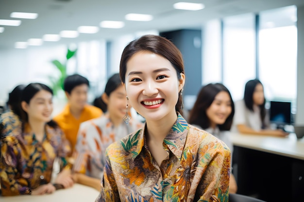 A group of start up employee wearing batik smile office background