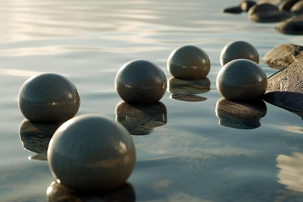 Group of stone balls in the water with reflection Abstract background