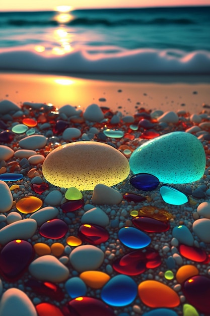 Group of stones sitting on top of a beach next to the ocean generative ai