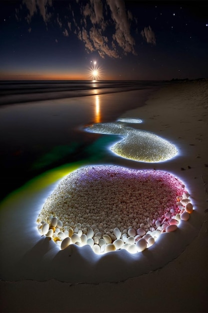 Group of stones sitting on top of a sandy beach generative ai