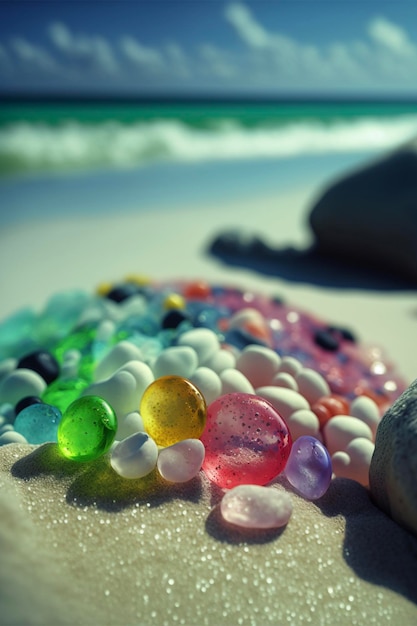 Group of stones sitting on top of a sandy beach generative ai