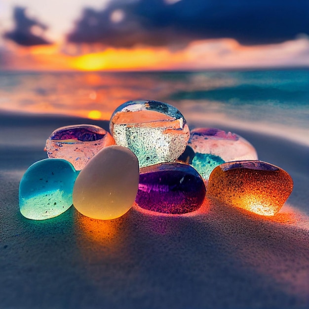 Group of stones sitting on top of a sandy beach generative ai