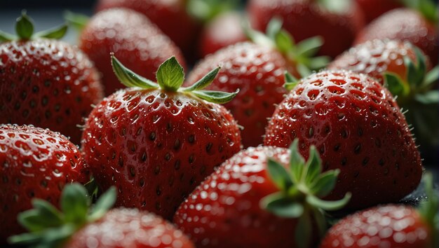 A group of strawberries are lined up on a white surface