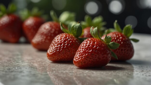 A group of strawberries are lined up on a white surface