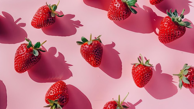 A group of strawberries on a pink background