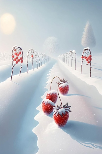 Group of strawberries sitting on top of a snow covered field generative ai