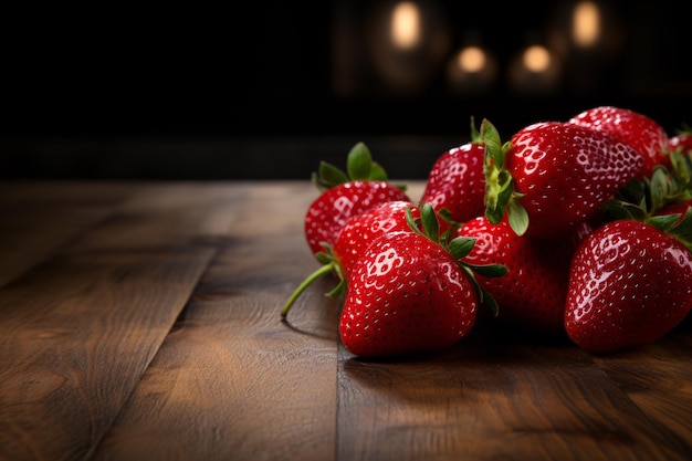 a group of strawberries on a wooden surface