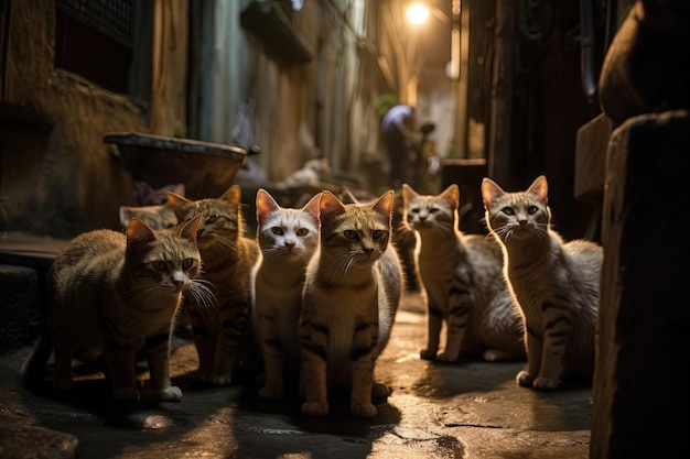 Group of stray cats on the streets at full moon night illustration generative ai