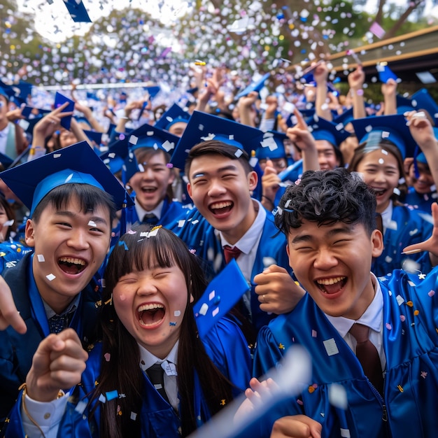 a group of students are celebrating with confetti in the air