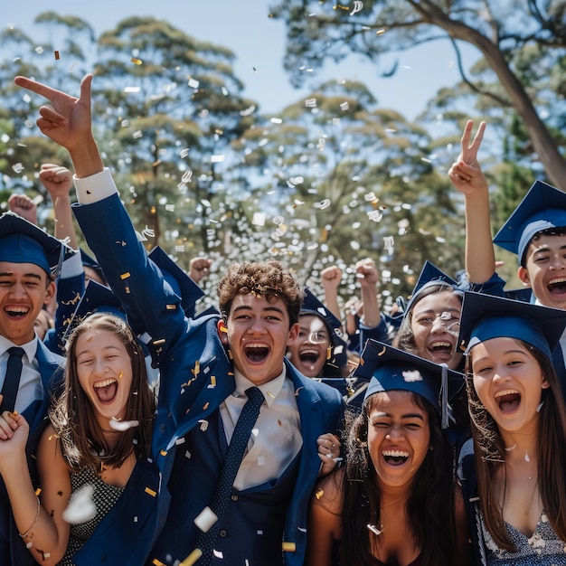 Photo a group of students are celebrating with confetti in the air