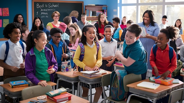 a group of students are gathered around a chalkboard