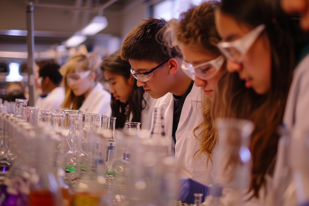 Photo a group of students are looking at a lab with lab coats on