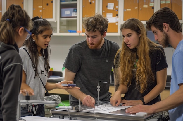 Photo a group of students are looking at a project with a man in a grey shirt