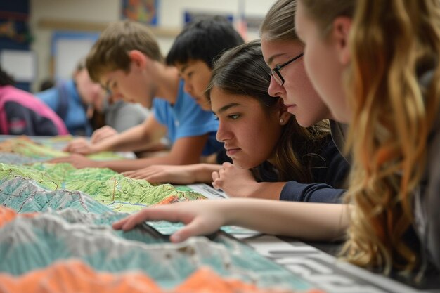 Photo a group of students are looking at a projector screen