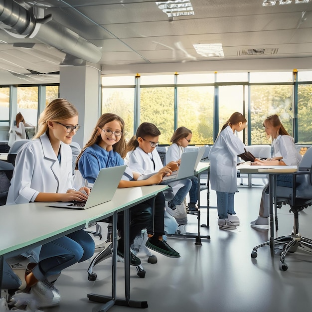 a group of students are sitting at a table with laptops and one of them has a green edge