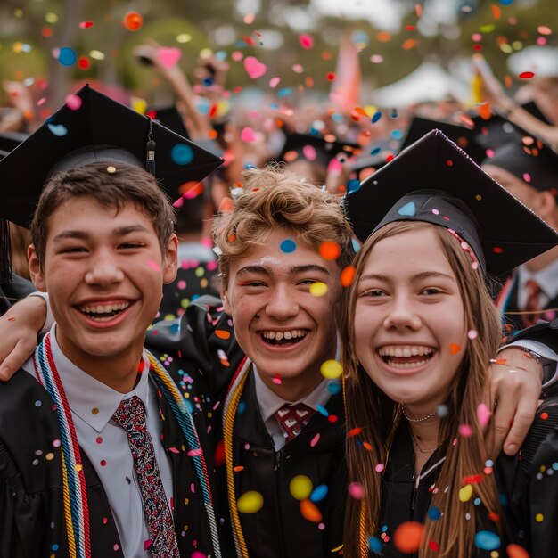 Photo a group of students are smiling and having fun with confetti