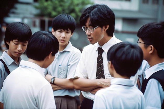 A group of students are talking to one another.