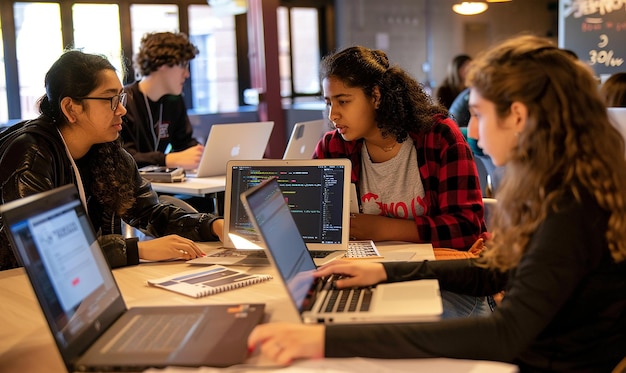 a group of students are working on laptops and one of them has a red shirt on