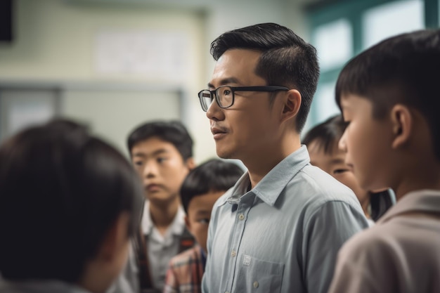 A group of students in a classroom with one of them wearing glasses