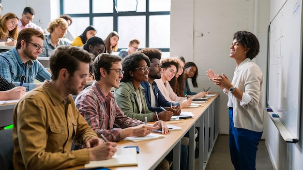 a group of students in a classroom with one wearing a blue shirt that says  the word  on it