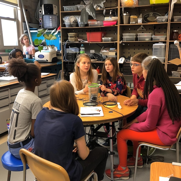 Photo a group of students engaged in a stem club meeting