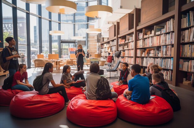 Photo a group of students engaging in a discussion inside a modern library with large windows and bookshel