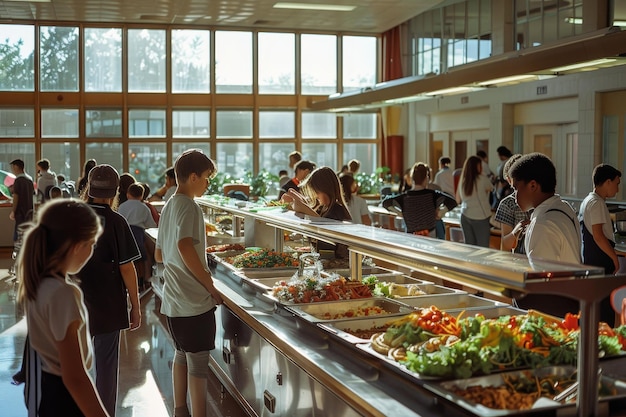 Photo group of students gathered around a buffet line in a school cafeteria a school cafeteria bustling with students