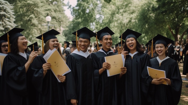 A group of students in graduation caps and gowns hold a diploma with the number 1 on it.