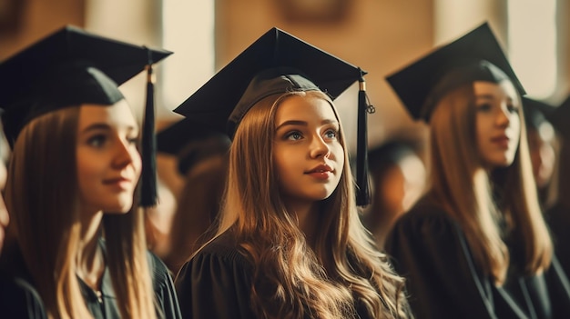 A group of students in graduation caps stand in a line