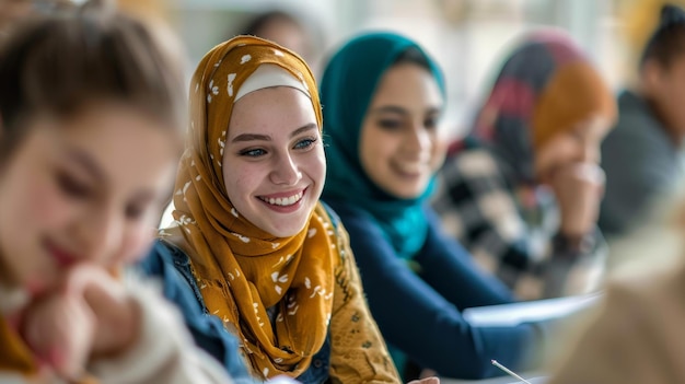 A group of students in a language class practicing speaking and writing under the guidance of a teacher