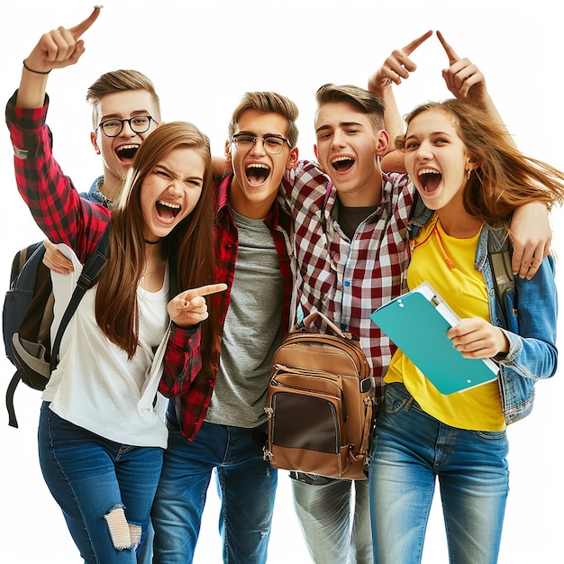 group of students looking at camera in joy on isolated