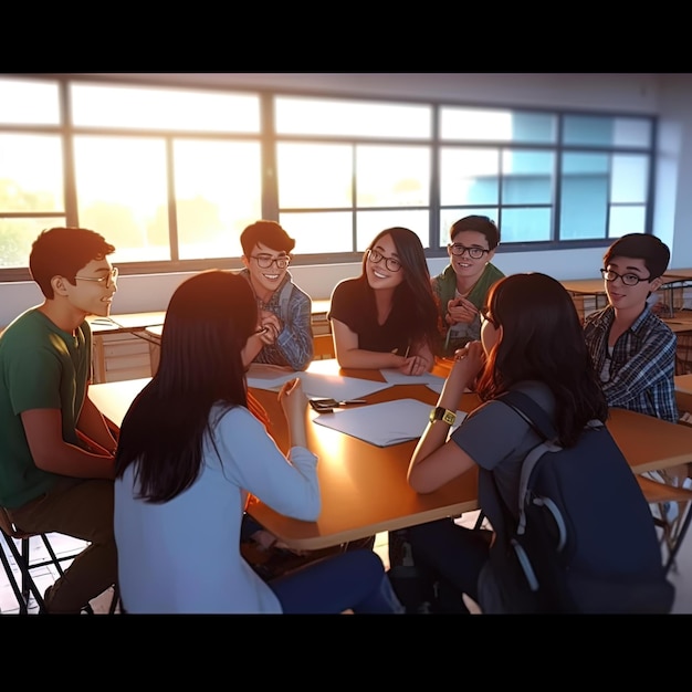 Photo a group of students sit at a table and talk