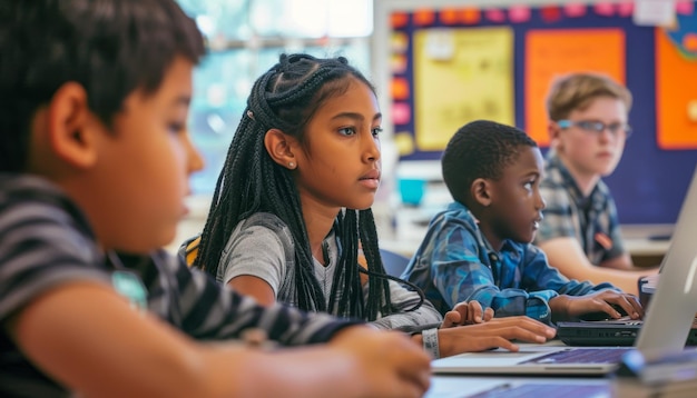 A group of students sitting in a classroom looking at something with interest