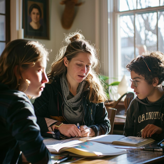 Photo group of students sitting at a table in a classroom and studying together