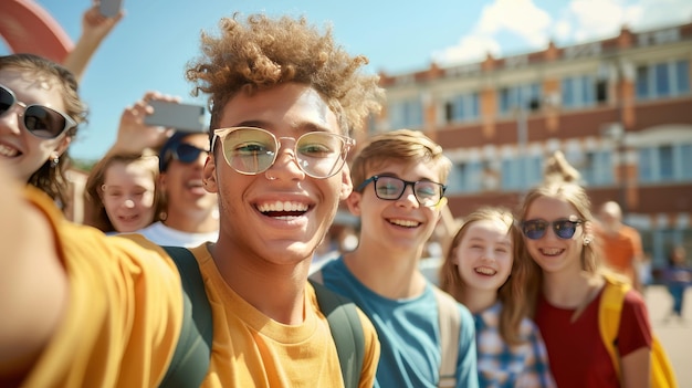 Group of Students Taking Selfie Outdoors AI Generative